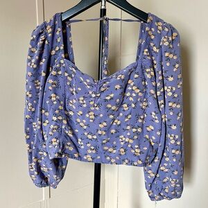 American Eagle Purple Floral Puff Sleeve Crop Size XL Smocked Tie Back Blouse